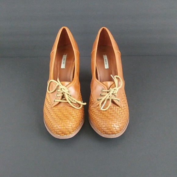 Kimchi Blue Shoes - UO Kimchi Blue Cognac Woven Leather Block Heels 8